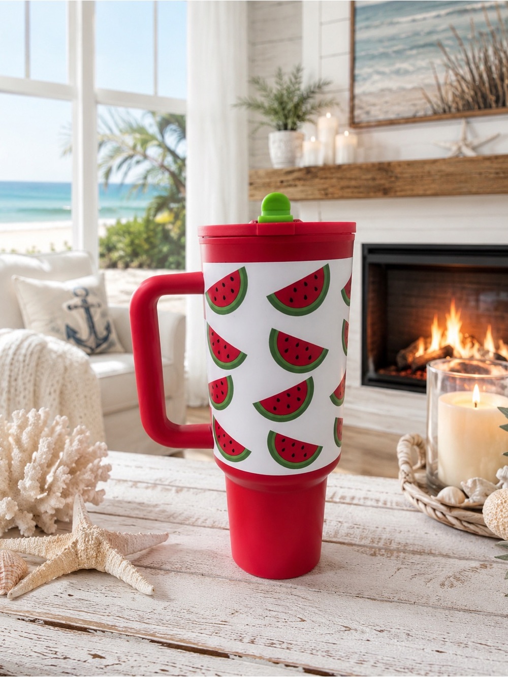 Insulated Red Watermelon Travel Mug with Handle